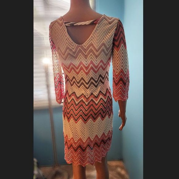FRESH of L.A. Pink/Cream/Tan Chevron Striped Lace Crochet Dress, EUC - Picture 2 of 4